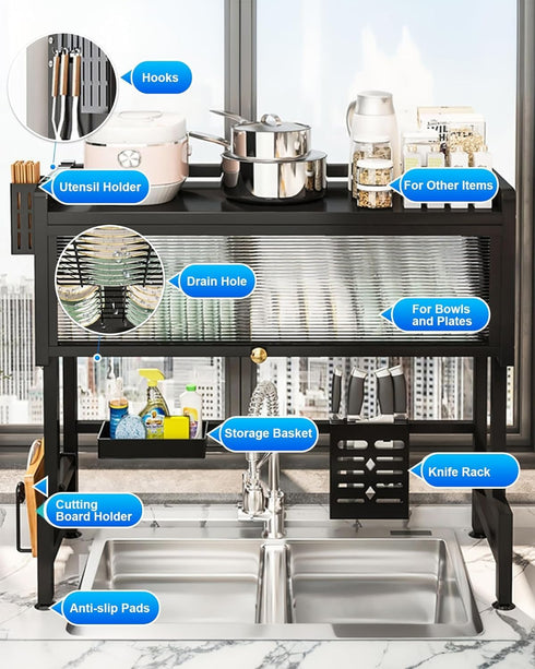 Kitchen Sink Dish Rack, Dust Proof Lid With Multi Organizer