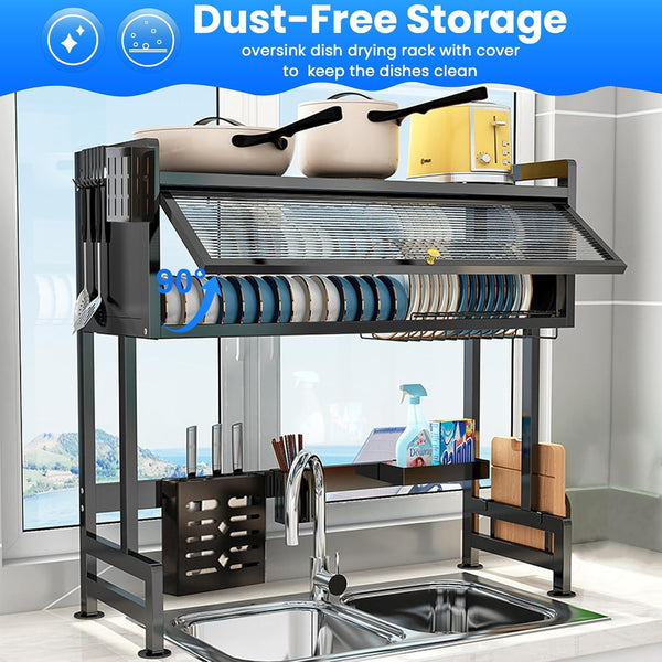 Kitchen Sink Dish Rack, Dust Proof Lid With Multi Organizer